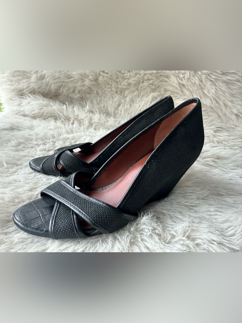 Elizabeth and James Black Textured Wedge Peep-Toe Pumps 6
